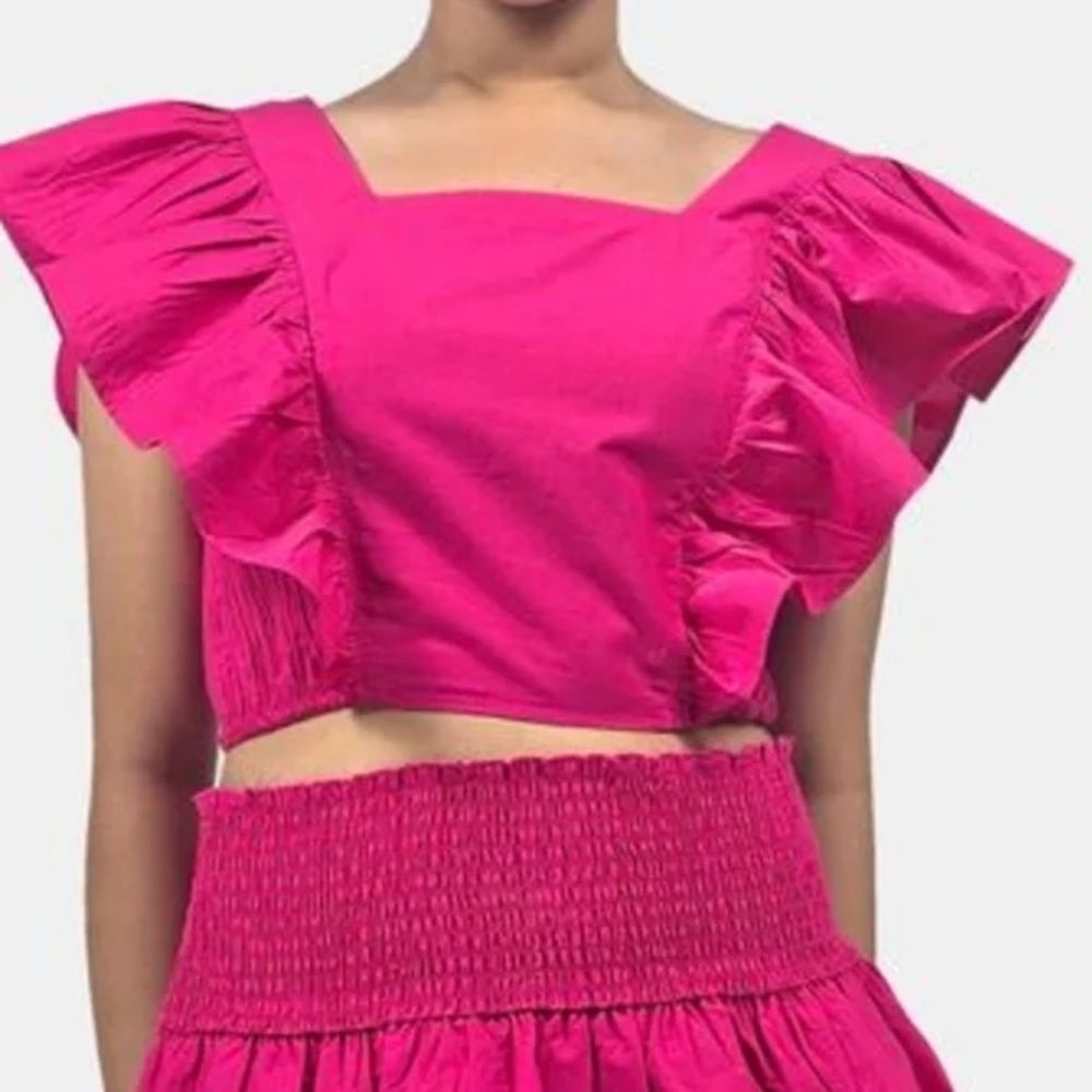 HT360 Collective Ruffle Tie Back Crop Top Smocked Waist Tiered Size XS